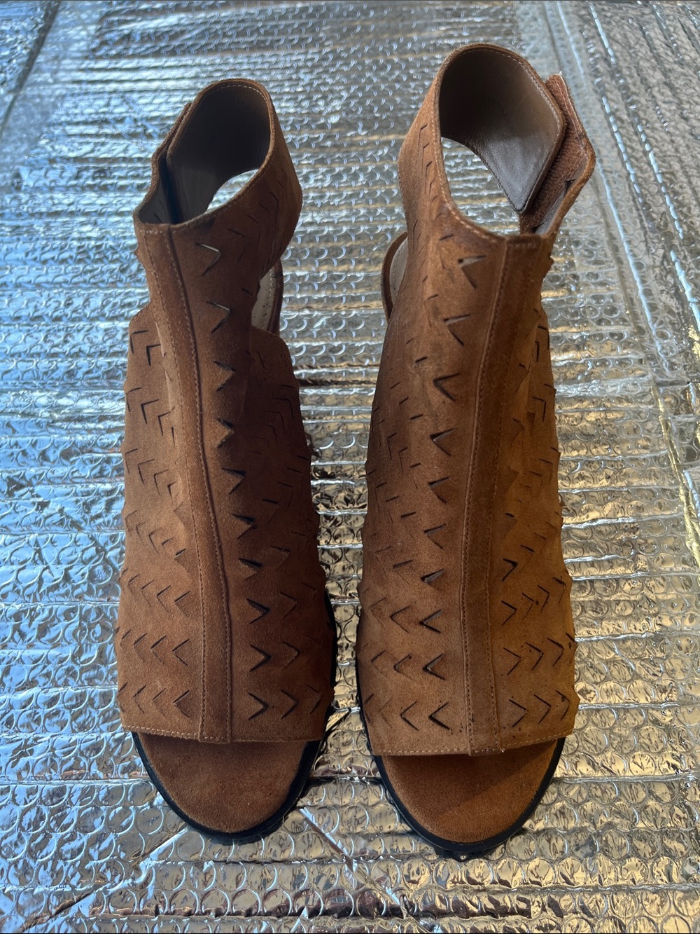 Via Spiga Brown Suede Cutout Open-Toe Booties